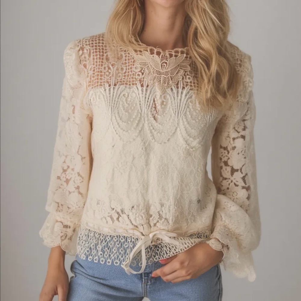 Vintage Ivory Lace Top Sheer Long Sleeve Victorian Style Blouse Boho Chic